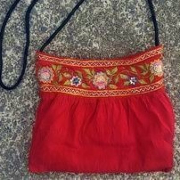 Red Orange Embroidered Crossbody Possibly Silk Boho Festival Gypsy Bag - Picture 2 of 6